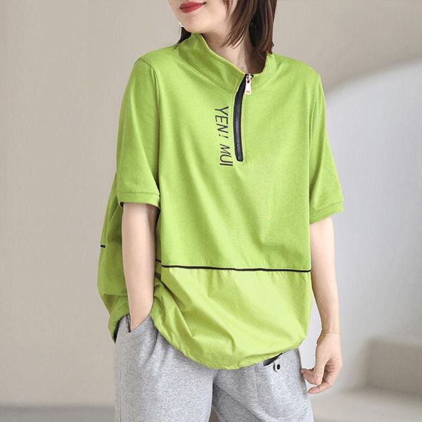 

t-shirt new arrival summer women loose casual short sleeve standneck t shirt allmatched letter print cotton patchwork tshirt w453, White