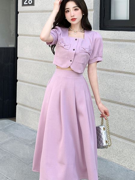 

two piece dress french vintage small fragrant set women puff sleeve shirt crop long skirt suits korean sweet summer 2 sets 230418, White