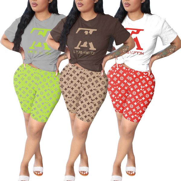 

2023 brand designer women letter tracksuits summer 2 piece sets short sleeve t-shirt shorts fashion sports suit crew neck outfits pullover j, Gray
