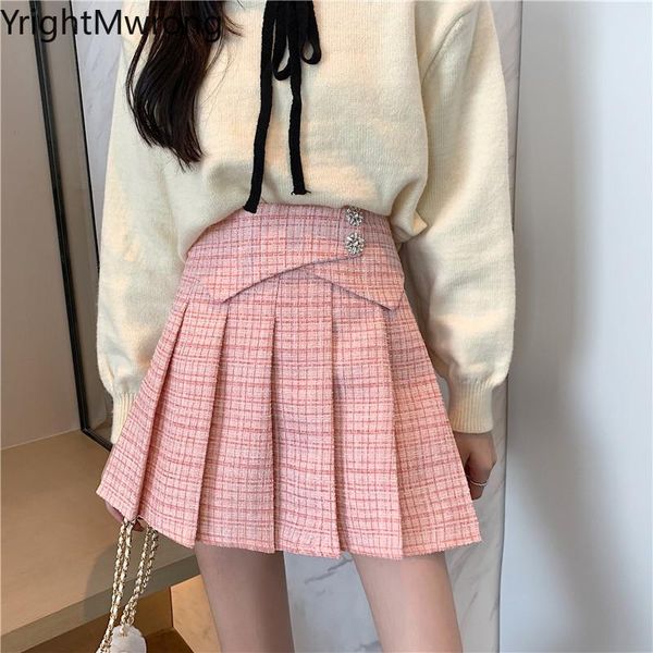 

dresses high waist a line pleated cute plaid luxury rhinestone diamond button tweed mini skirt fashion cute korean pink white black