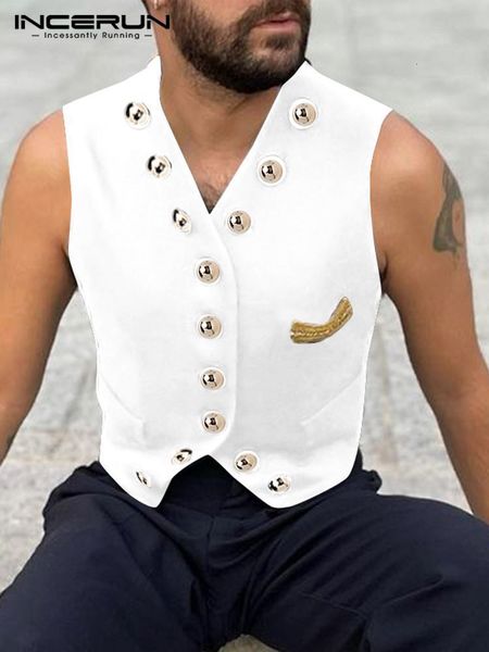 

men's vests party nightclub style men solid metal button waistcoat casual all match male sleeveless v neck s 5xl incerun 2023 230417, Black;white