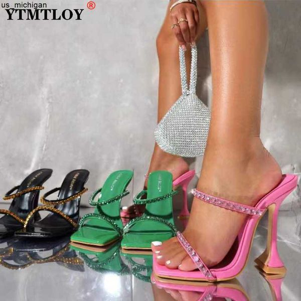 

slippers women strange heel slippers square open toe summer sandals brand designer outdoor slides mules crystal shoes woman j230417, Black