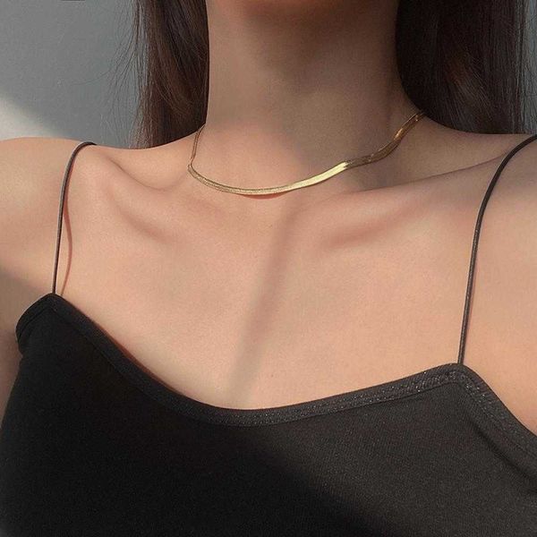 

pendant necklaces kpop women neck chain gold color choker necklace flat snake chain jewelry gift 2021 chocker collar for girl checker z0417, Silver
