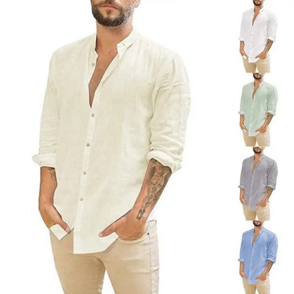 

men's casual shirtsloose linen cardigan solid color casual stand-up collar long-sleeved shirt, White;black