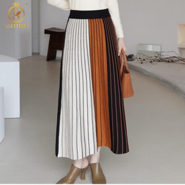 

dresses hma thick warm women pleated skirts elastic high waist knitted sweater skirts new autumn winter midi stripe skirt, White;black