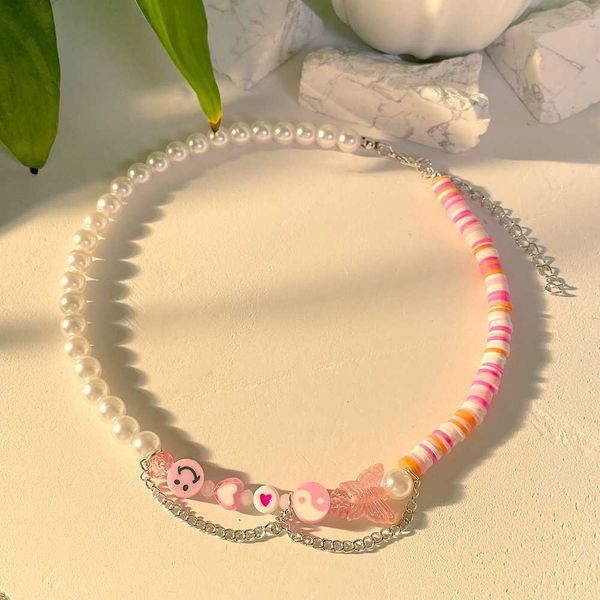 

pendant necklaces harajuku pink butterfly clay beaded necklace for women color surfer bead asymmetry pearl chain necklace happy face y2k jew, Silver