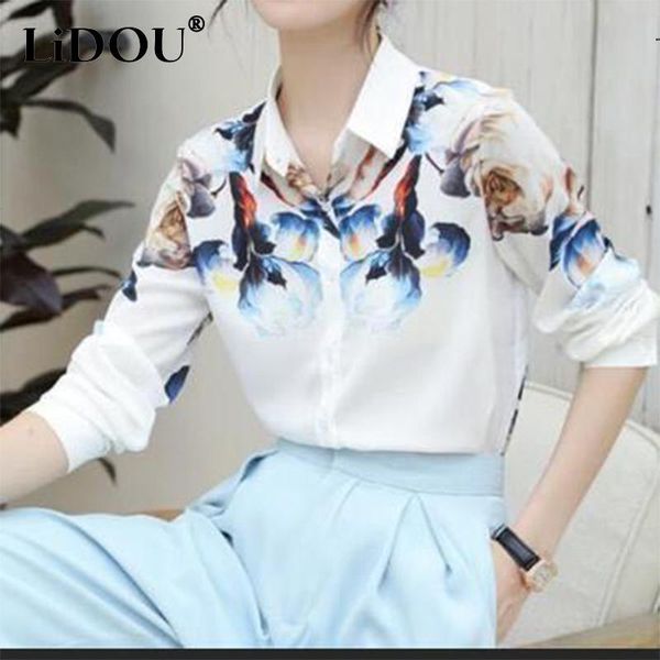 

shirts spring summer elegant fashion printed casual shirt ladies turn down collar single breasted blouse femme cardigan blusas mujer, White