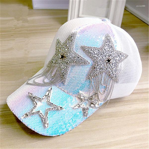 

ball caps 202304-shi ins summer shiny crystal beaded pentagram tassels breathable satin lady baseball hat women visors cap, Blue;gray