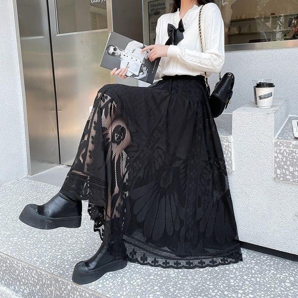 

dresses high waist black big skirt spring women's lace skirt long korean loose all match pleated skirt, Black;gray