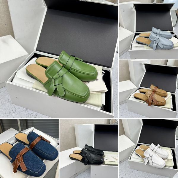

luxury women muller slippers sandals designer gate flat mule calfskin milk colour classic bow tie ladies summer mule leather sandals 35-41, Black