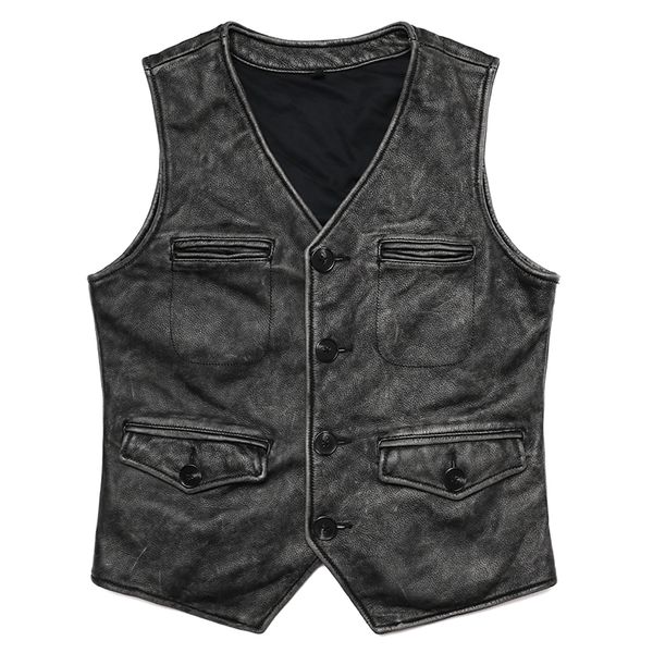 

men's vests gery vintage genuine leather vest man natural cowhide work clothes safari style slim sleeveless jacket 230418, Black;white