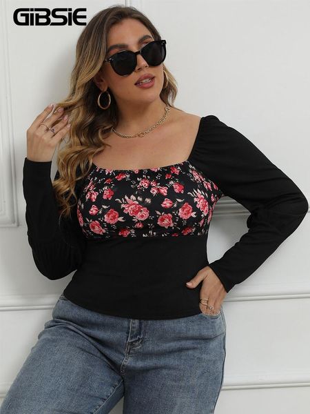 

t-shirt gibsie plus size square neck floral print t shirt women spring fall vintage 3xl 4xl female long sleeve casual tshirt, Black