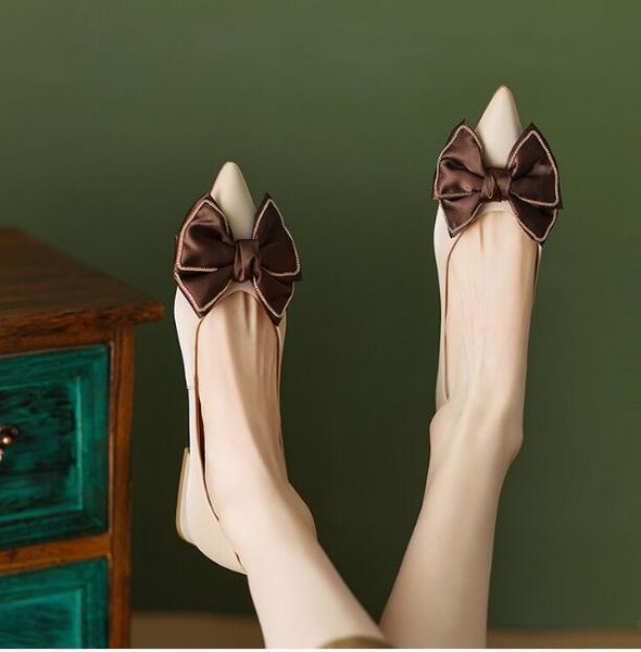 

fashion bow tie peas shoes women 2023 pointed toe lady mary jane shoes wedding dress shoe, Black