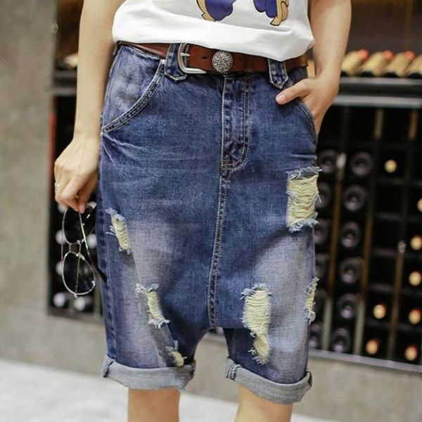

jeans women denim crosspants fashion low drop crotch short jeans hip hop punk style baggy harem shorts ripped sagging cowboy shorts, Blue