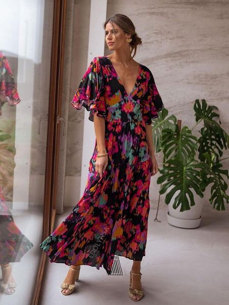 

dresses 2022 boho floral printed vneck short sleeve self belted cotton dress tunic women summer clothes street wear maxi dresses a1341, Black;gray