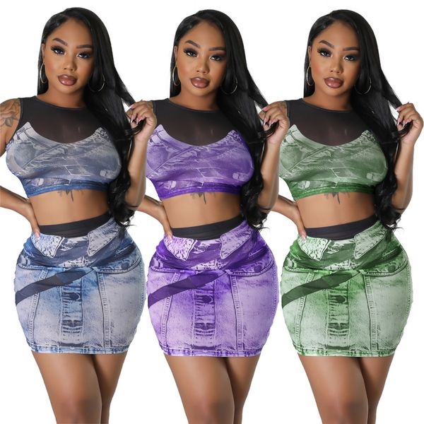 

new designer mesh dress sets for women summer sleeveless crop and mini skirt two piece sets denim print see through skirt suits wholesale cl, Black;gray