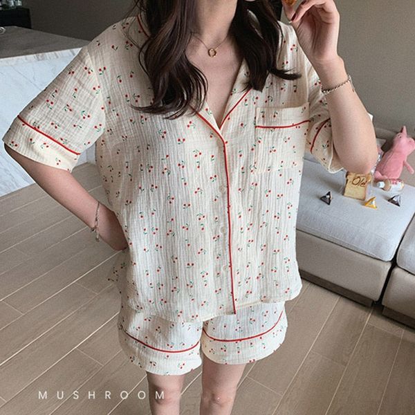 

women's sleepwear cotton suits with shorts girl korean women's pajamas kawaii pyjama cherry print pijama short sleeve sleepwear ni, Black;red
