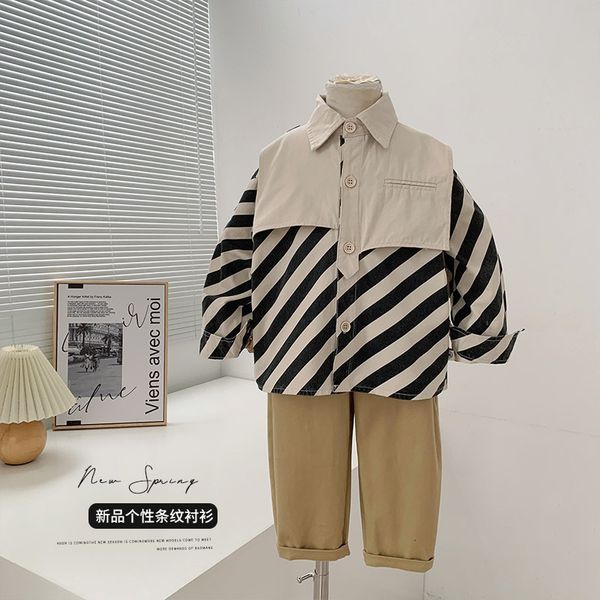 

kids shirts early spring children's clothing korean style irregular shirt boys handsome stitching striped shirt 230417, White;black