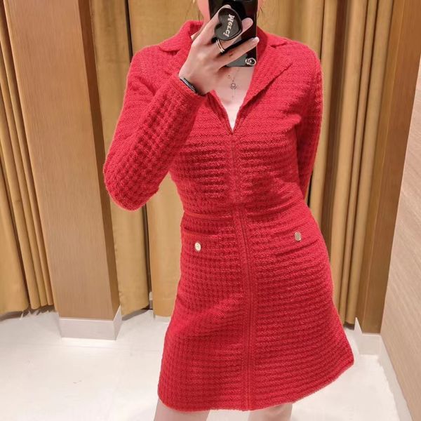 

casual dresses sandro french style dress red collared tweed cotton knit dress for women, Black;gray