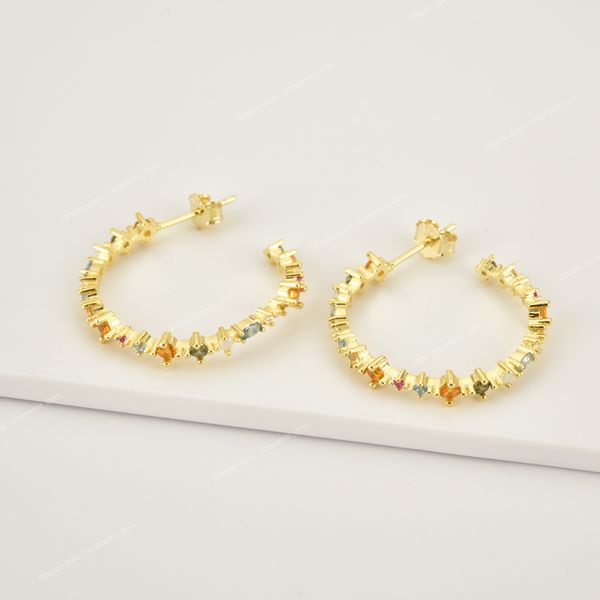 

100% 925 sterling silver rainbow zircon cz big hoops circle earring round piercing pendiente climber european jewelry earringshoop earrings, Golden;silver