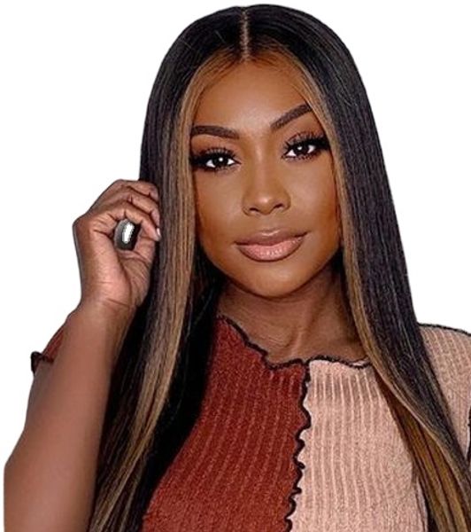 

13x4 lace front wig straight hair honey blonde highlights wigs blonde skunk stripe wig 100% real, Black;brown