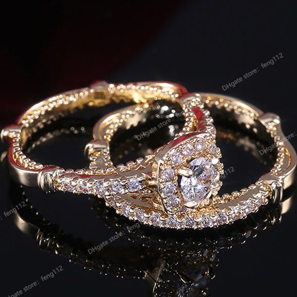 

factory wholesale luxury 2pc bridal ring sets super luxury golden color micro paved solitaire engagement rings for girl fashion jewelryrings, Golden;silver