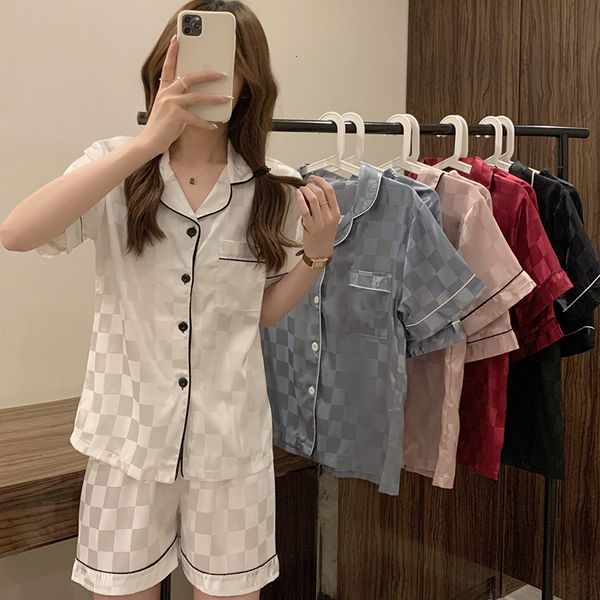 

women's sleepwear women pajamas set faux silk sleepwear satin pajamas solid color plaid short sleeves 2 piece women set summer homewear, Black;red