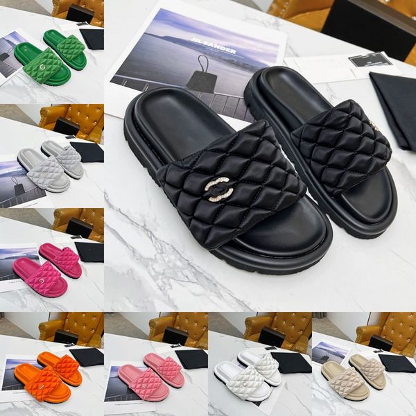 

designer slipper chanl luxury sandal girls women shoes pool pillow comfort embossed quilted satin mules thick bottom slider summer paris pla, Black