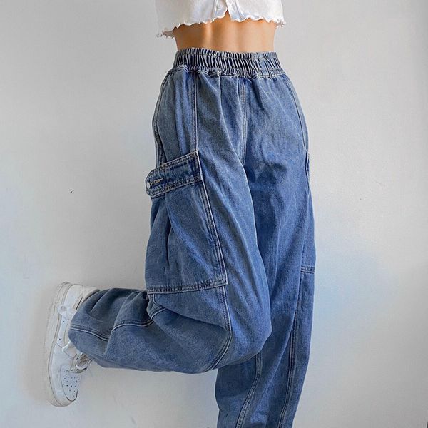 

women's jeans fashion cargo trousers ins street solid vintage work elastic waist straight leg workwear femme mujer 230418, Blue