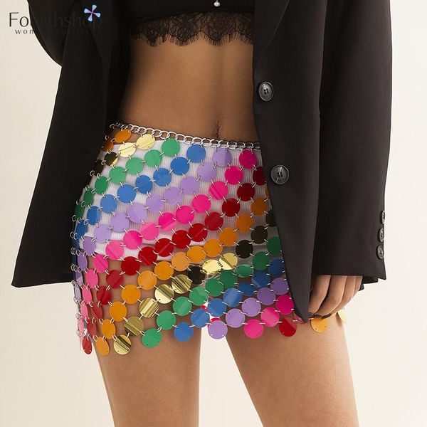 

dresses 2022 elegant colorful rainbow sequin skirt metal chain hollow out club mini skirts bohemian geometric fashion woman clothes, White;black