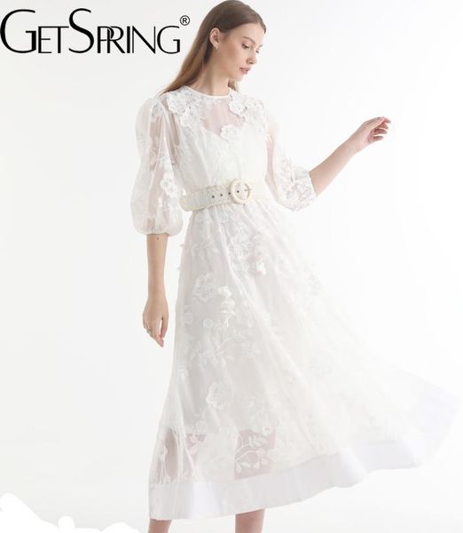 

dresses getspring women dress temperament vintage o neck puff sleeve flower belt high waist large hem long white dresses party 2022 new, Black;gray