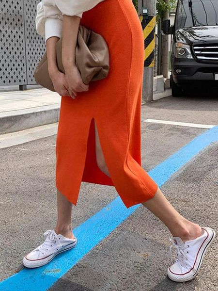 

dresses orange knitted skirts women elastic waist split pencil skirt korean casual bodycorn long midi skirt sweet vintage elegant, White;black