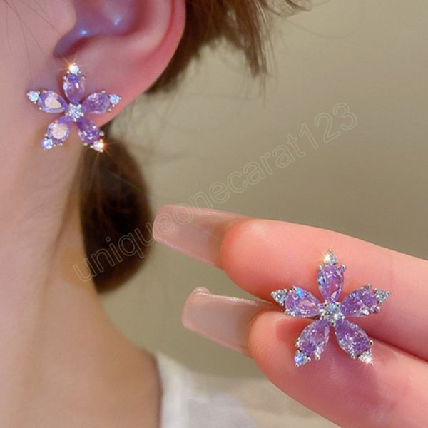 

modern jewelry purple flower stud earrings 925 silver needle senior sense 5a zircon earrings for women girl gift, Golden;silver