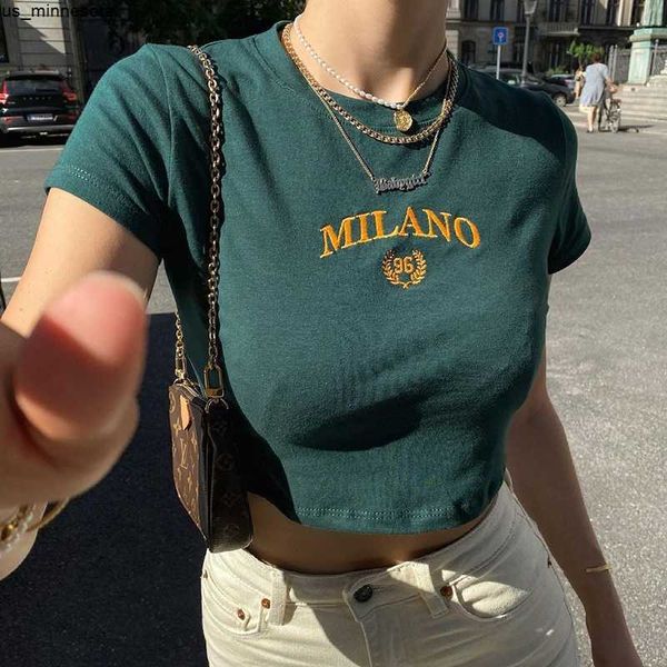 

women's t-shirt y2k embroidery letter printing stitch green 90s crop oneck short sleeve tshirts clothes shirt vintage bf clothing tee, White