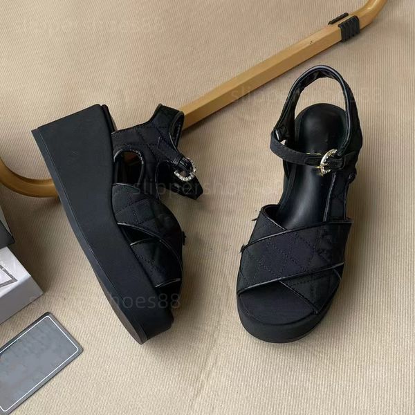 

platform heels wedges sandals famous designer women quilted leather grosgrain sandles cross slides ankle buckle flatform wedge shoes chunky, Black