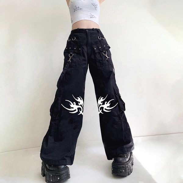 

jeans weiyao eyelet buckle black punk goth pant fashion woman techwear dark academic print egirl cargo pants high waist y2k trousers, Blue