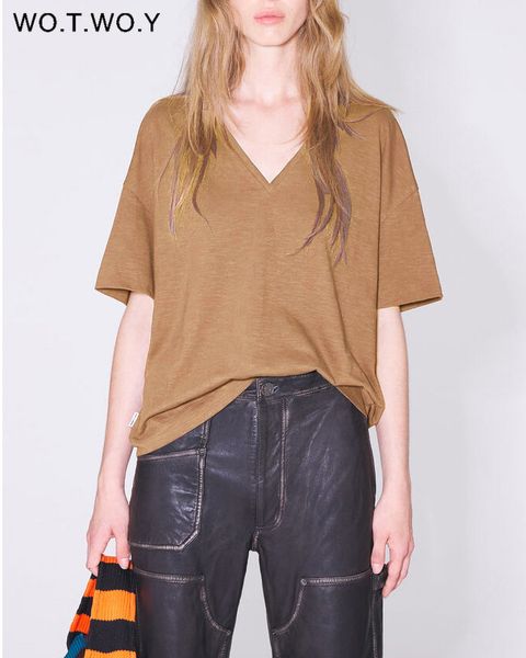 

women's t-shirt wotwoy casual solid loose v-neck t shirts women summer basic cotton t-shirt female korean tee shirt khaki y2k soft 230, White