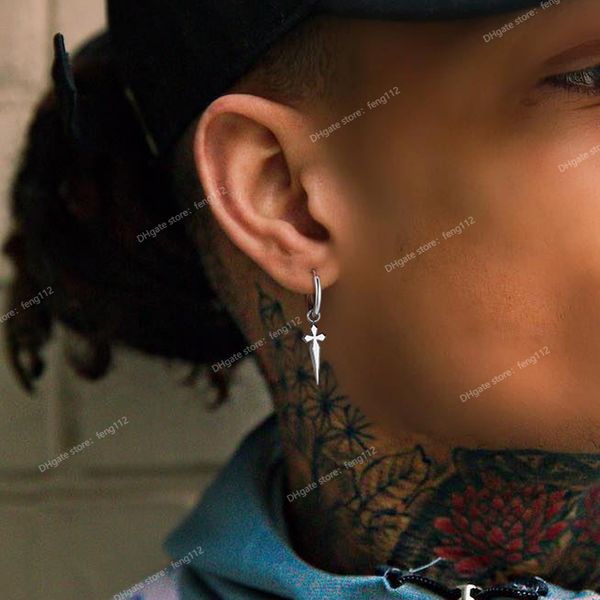 

men huggie hoops earring, minimal sword cross dangles earrings, stainless steel men's biker jewelry earringshoop earrings, Golden;silver