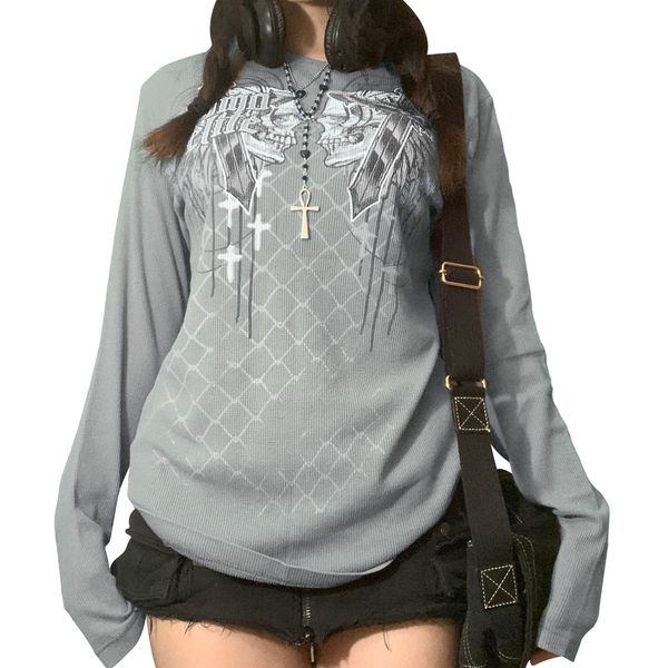 

women's t-shirt women retro skull plaid printed long sleeve tshirts fairycore grunge tee vintage y2k 2000s aesthetic shirts streetwear, White