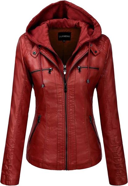

tanming women's removable hooded faux leather jackets, Black
