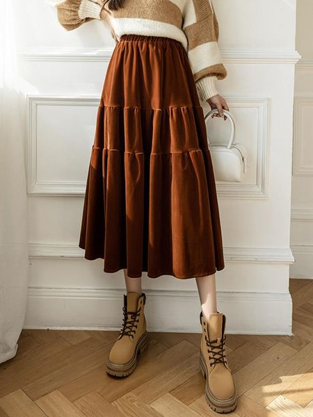 

dresses surmiitro midi long velvet pleated skirt women 2022 winter korean fashion elegant a line high waist skirt female, Black;gray