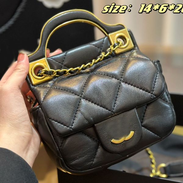 

women designer mini flap bag with handle calfskin leather matelasse chain gold metal hardware clutch purse tote shoulder handbag lovely lady