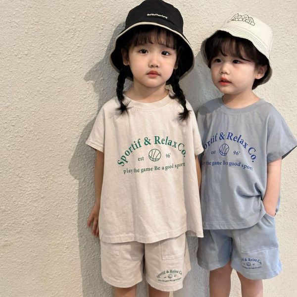

clothing sets 2023 summer loose casual sportswear girls comfortable t shirt letter print cotton solid shorts children boys athletic wear 23, White