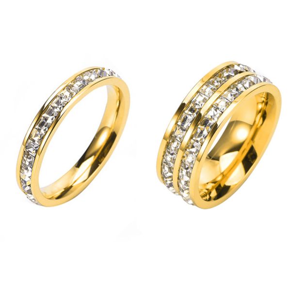 

light luxury couple square diamond titanium steel ring double row men's full diamond single row women's small square diamond pair, Silver