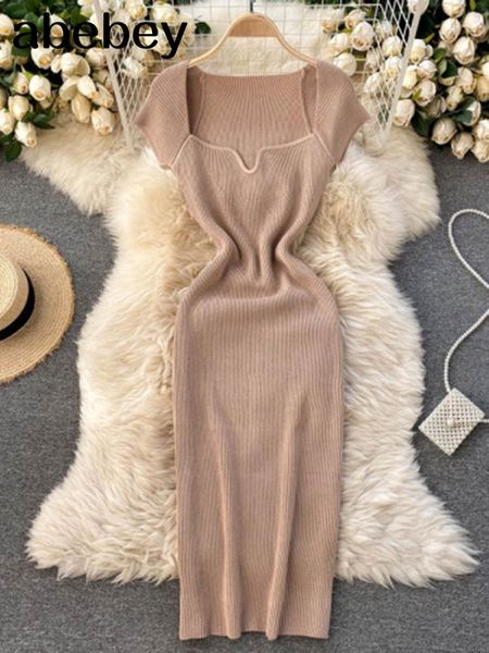 

dresses 2022 spring summer dress knitted solid sqaure neck bodycon dresses for women stretch vestidos short sleeve 19968, Black;gray