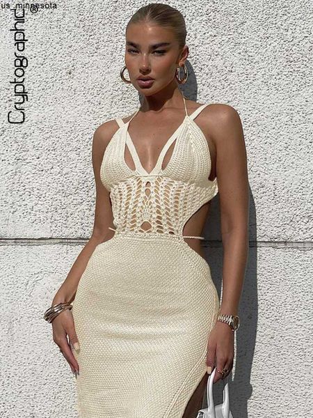 

casual dresses cryptographic knitted cut out halter backless summer beach dress for women elegant outfits bandage slit dresses bodycon new j, Black;gray
