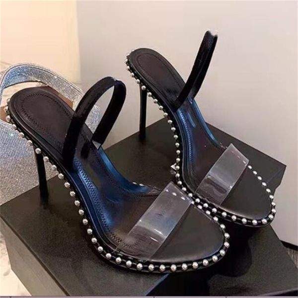 

designer rhinestone sandals transparent real leather studded sling back shoes fashion stiletto heel slippers pointed toe high heels, Black