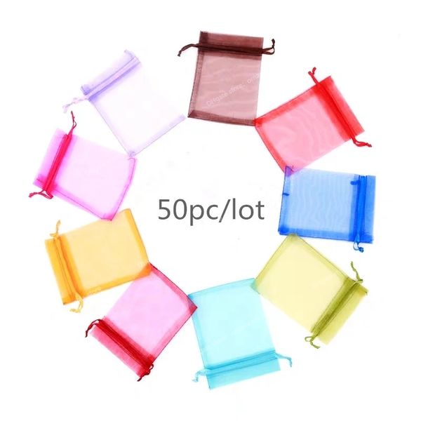 

50pcs/lot (4 size) organza gift bag jewelry packaging bag wedding party goodie packing favors cake pouches drawable bags present jewelry acc, Black;white