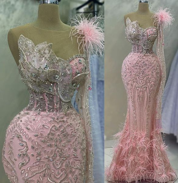 

2023 april aso ebi mermaid pink prom dress beaded crystals feather evening formal party second reception birthday engagement gowns dresses r, Black