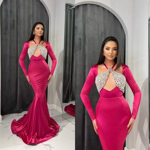 

rose red crystal mermaid evening dresses halter full sleeve party gowns floor length prom gown, Black;red
